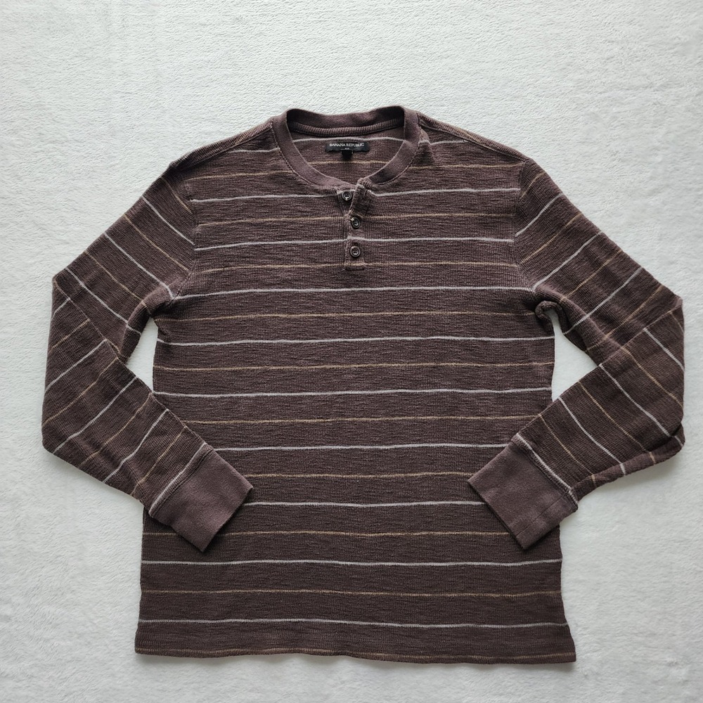 Banana Republic Henley Shirt Mens Medium Brown Striped Long Sleeve Cotton Grunge